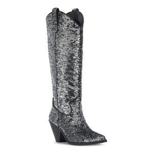 INC Womens Silver Sequined Ipiriah Round Toe Stacked Heel Western Boot 6 M